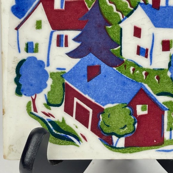 Vintage Wheeling Cushion Hand Painted Rural Village Scene 6" Square Tile Trivet - Picture 5 of 11